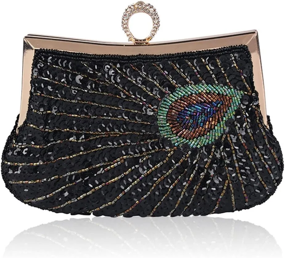 Women's 1920S Evening Bag Peacock Sequins Beaded Clutch Bag Purse For Wedding Party