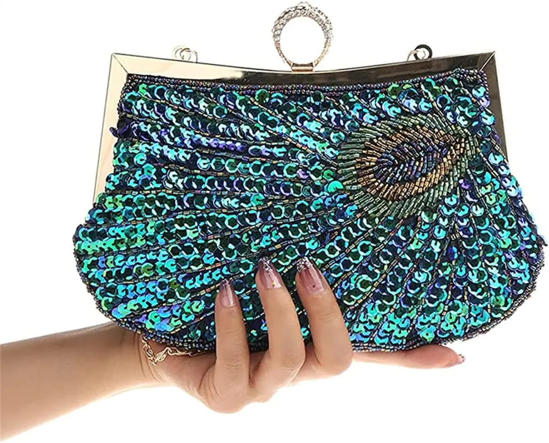 Women's 1920S Evening Bag Peacock Sequins Beaded Clutch Bag Purse For Wedding Party