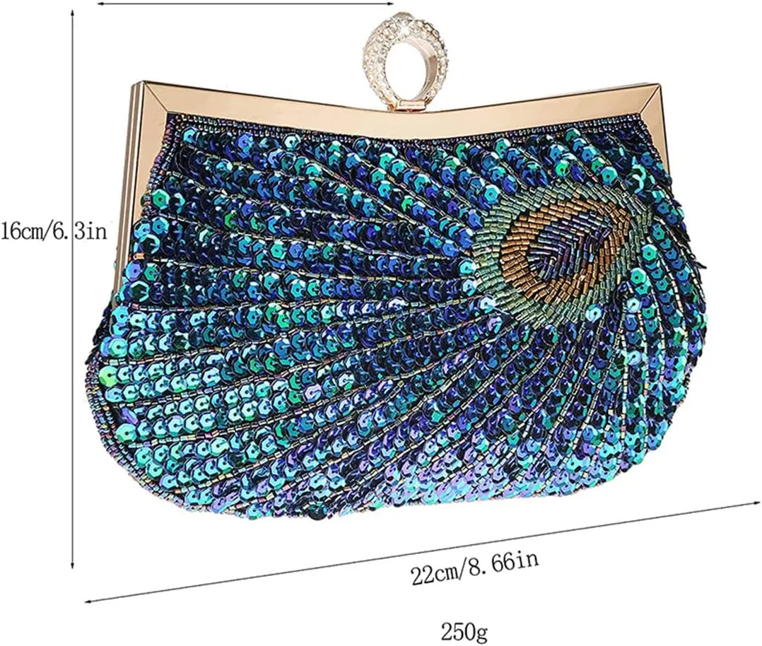 Women's 1920S Evening Bag Peacock Sequins Beaded Clutch Bag Purse For Wedding Party