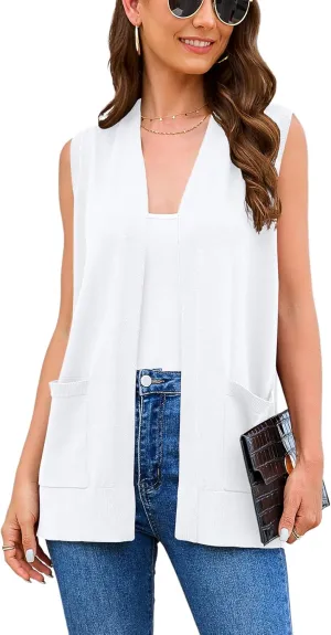 Women's 2025 Sleeveless Cardigan Sweaters Fashion Casual Soft Knit Office Duster Vests with Cozy Pockets (S-3XL)