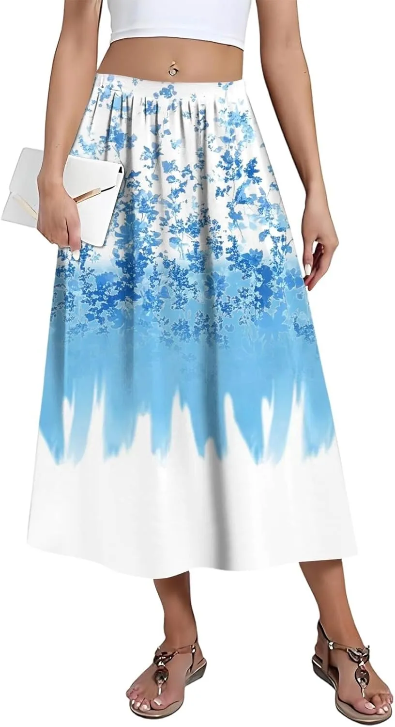 Womens A-Line Midi Skirts Casual Elastic High Waist Flowy Swing Pleated Beach Boho Long Skirt with Pocket