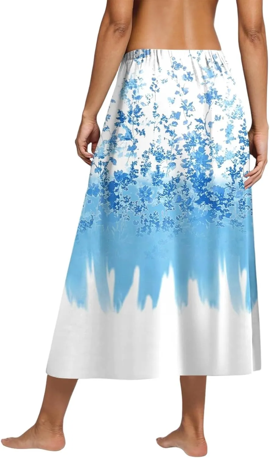Womens A-Line Midi Skirts Casual Elastic High Waist Flowy Swing Pleated Beach Boho Long Skirt with Pocket