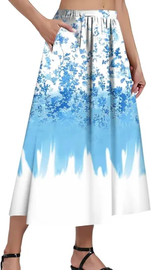 Womens A-Line Midi Skirts Casual Elastic High Waist Flowy Swing Pleated Beach Boho Long Skirt with Pocket
