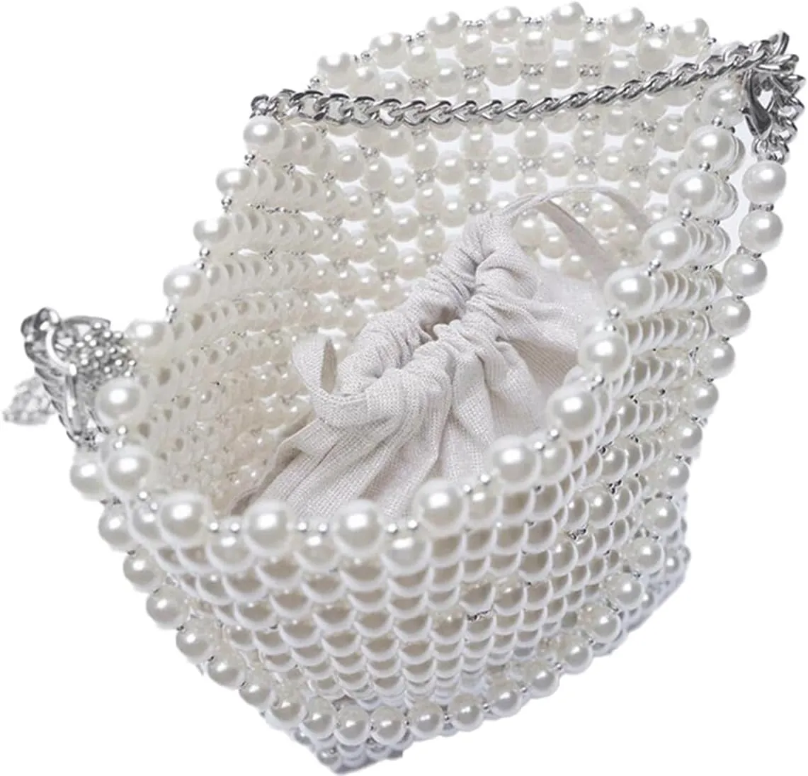 Women's Beaded Pearl Clutch Bag Chain Shoulder Bag Bucket Top-Handle Crossbody Purse Evening Handbag