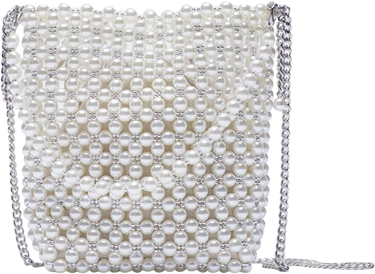 Women's Beaded Pearl Clutch Bag Chain Shoulder Bag Bucket Top-Handle Crossbody Purse Evening Handbag
