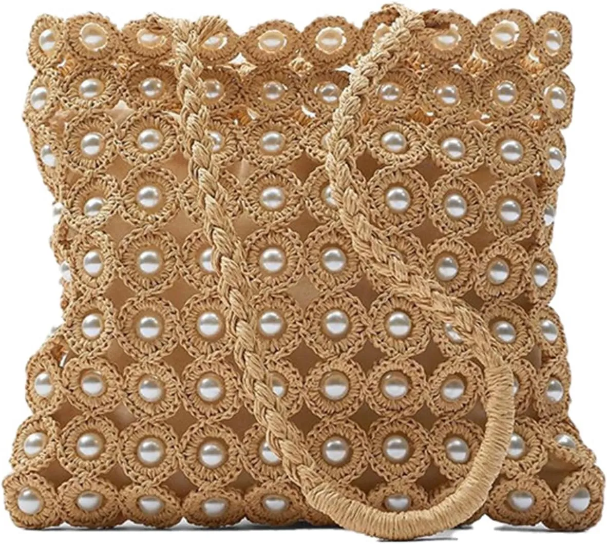 Women's Beaded Pearl Clutch Bag Chain Shoulder Bag Bucket Top-Handle Crossbody Purse Evening Handbag