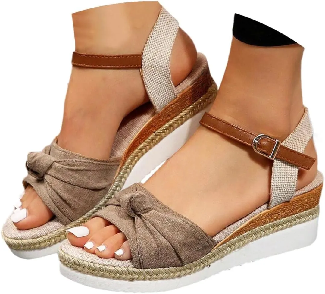 Womens Bow Knot Linen Wedge Sandals Ankle Buckle Strappy Espadrilles Open Toe Flatform Summer Breathable Sandals