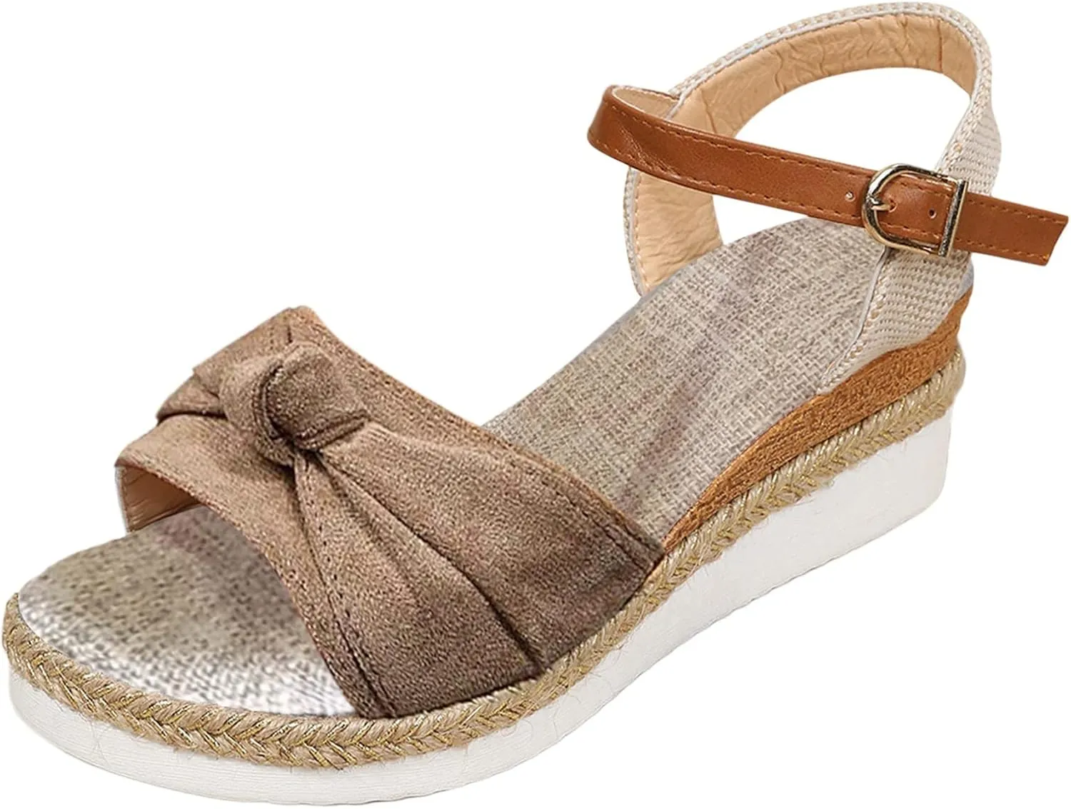 Womens Bow Knot Linen Wedge Sandals Ankle Buckle Strappy Espadrilles Open Toe Flatform Summer Breathable Sandals
