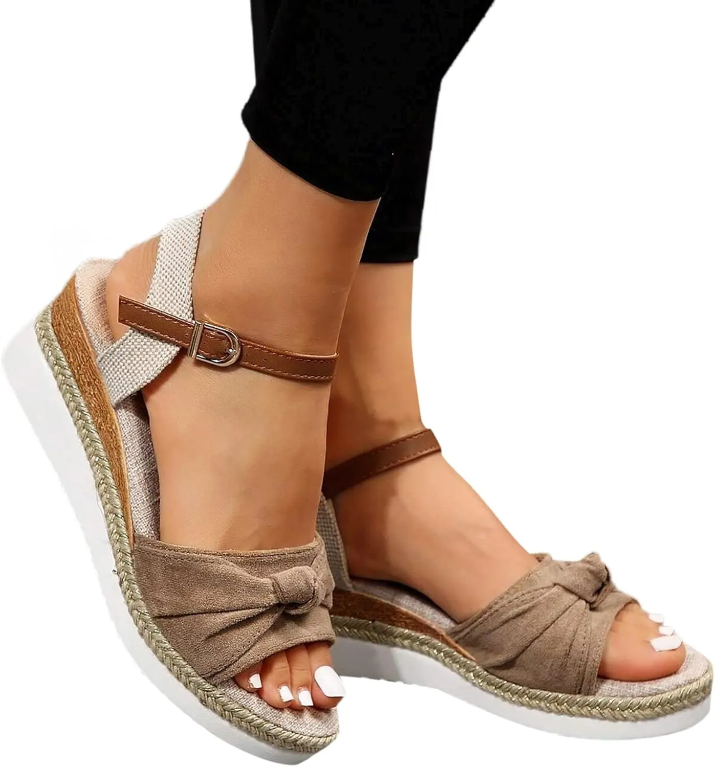 Womens Bow Knot Linen Wedge Sandals Ankle Buckle Strappy Espadrilles Open Toe Flatform Summer Breathable Sandals