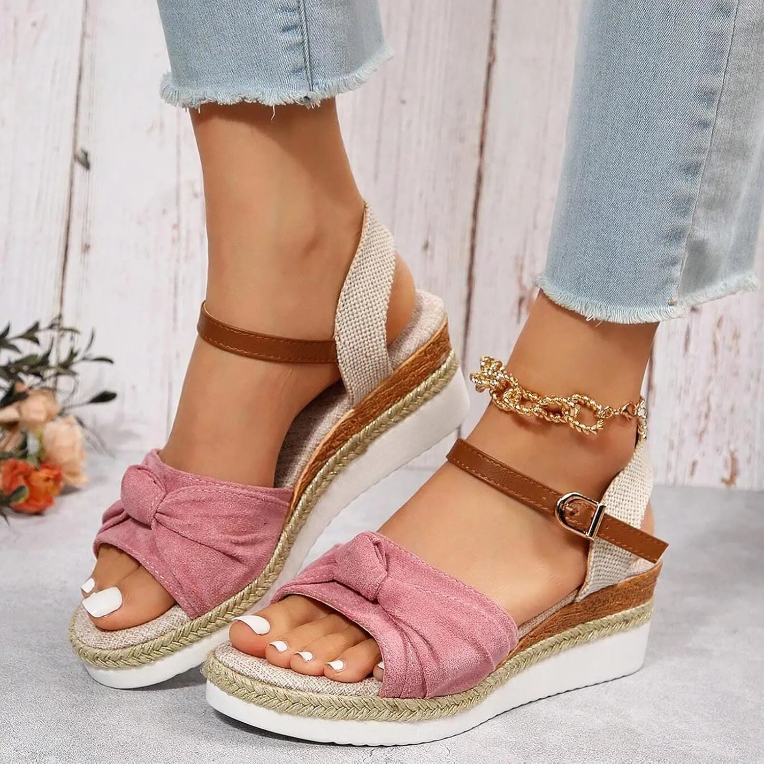 Womens Bow Knot Linen Wedge Sandals Ankle Buckle Strappy Espadrilles Open Toe Flatform Summer Breathable Sandals