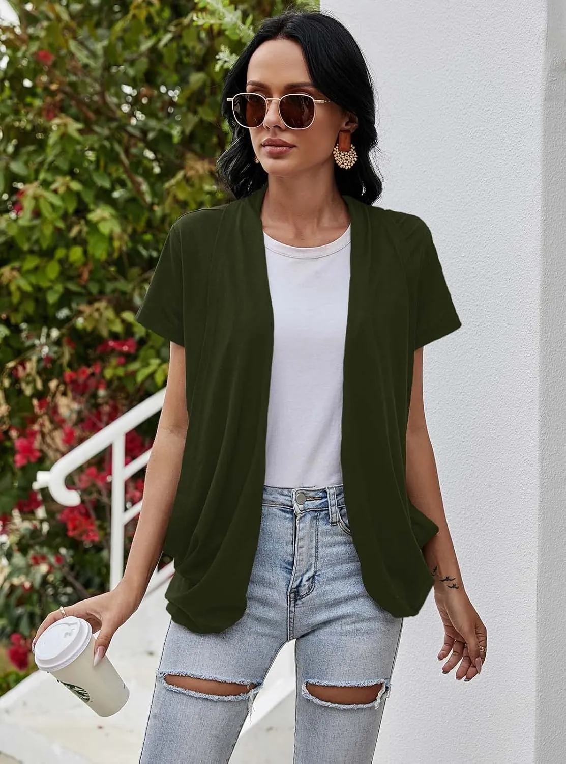 Women's Cardigans Short Sleeve Summer Lightweight Sheer Open Front Drape Casual Blouses Tops