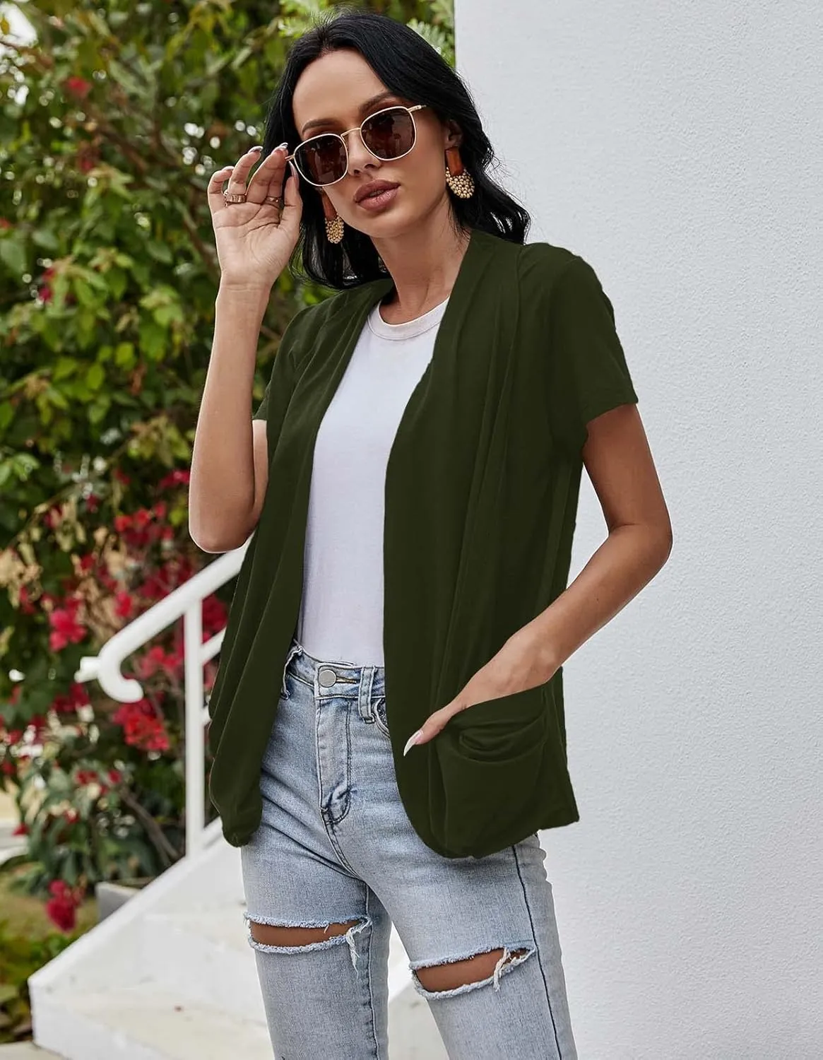 Women's Cardigans Short Sleeve Summer Lightweight Sheer Open Front Drape Casual Blouses Tops