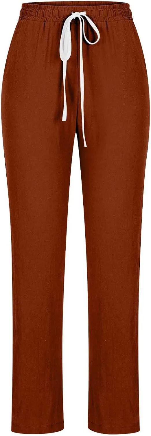 Womens Casual Cotton Linen Pants Lightweight Summer Relaxed Elastic Waist Loose Solid Drawstring Lounge Long Trousers