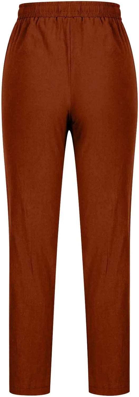 Womens Casual Cotton Linen Pants Lightweight Summer Relaxed Elastic Waist Loose Solid Drawstring Lounge Long Trousers