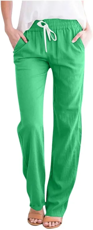 Womens Casual Cotton Linen Pants Lightweight Summer Relaxed Elastic Waist Loose Solid Drawstring Lounge Long Trousers
