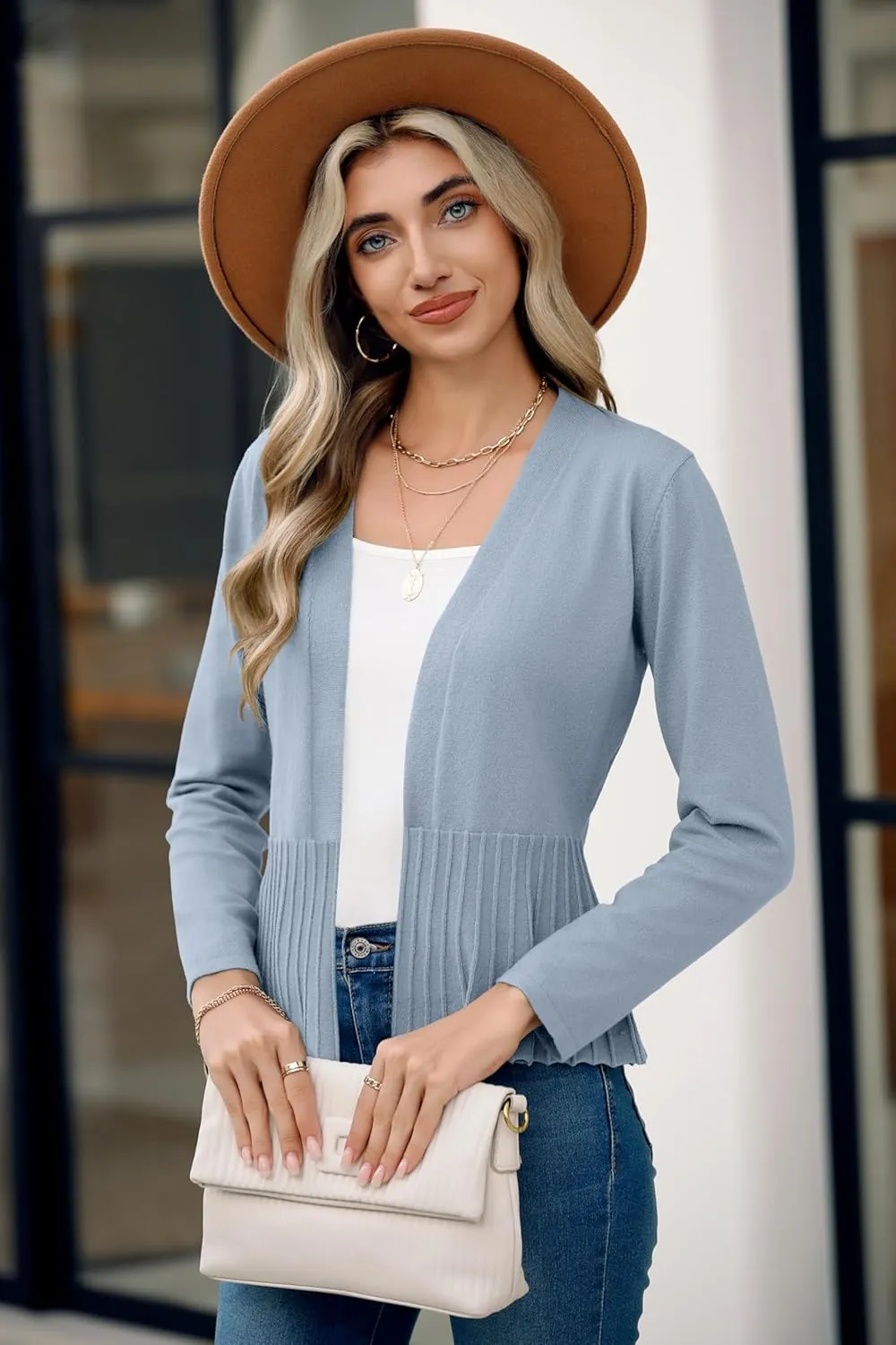 Women's Casual Open Front Lightweight Cropped Cardigans Long Sleeve Sweater Soft Draped Peplum Knit Outwear