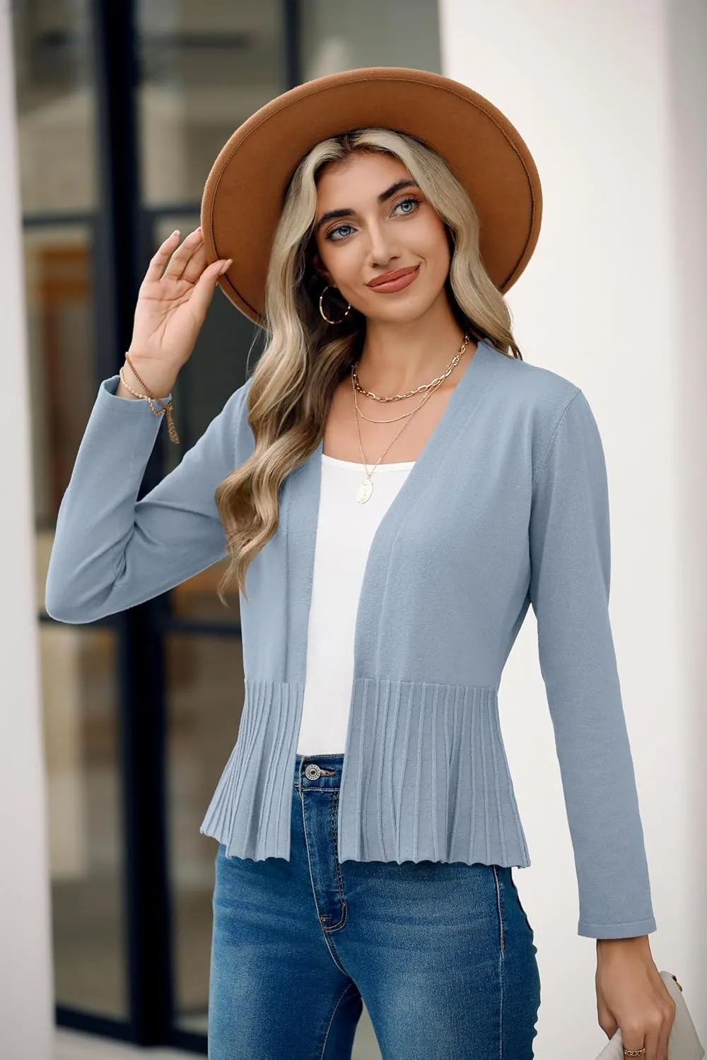 Women's Casual Open Front Lightweight Cropped Cardigans Long Sleeve Sweater Soft Draped Peplum Knit Outwear