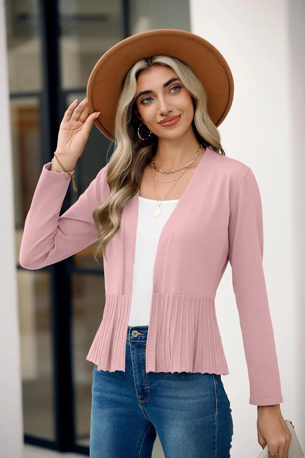 Women's Casual Open Front Lightweight Cropped Cardigans Long Sleeve Sweater Soft Draped Peplum Knit Outwear