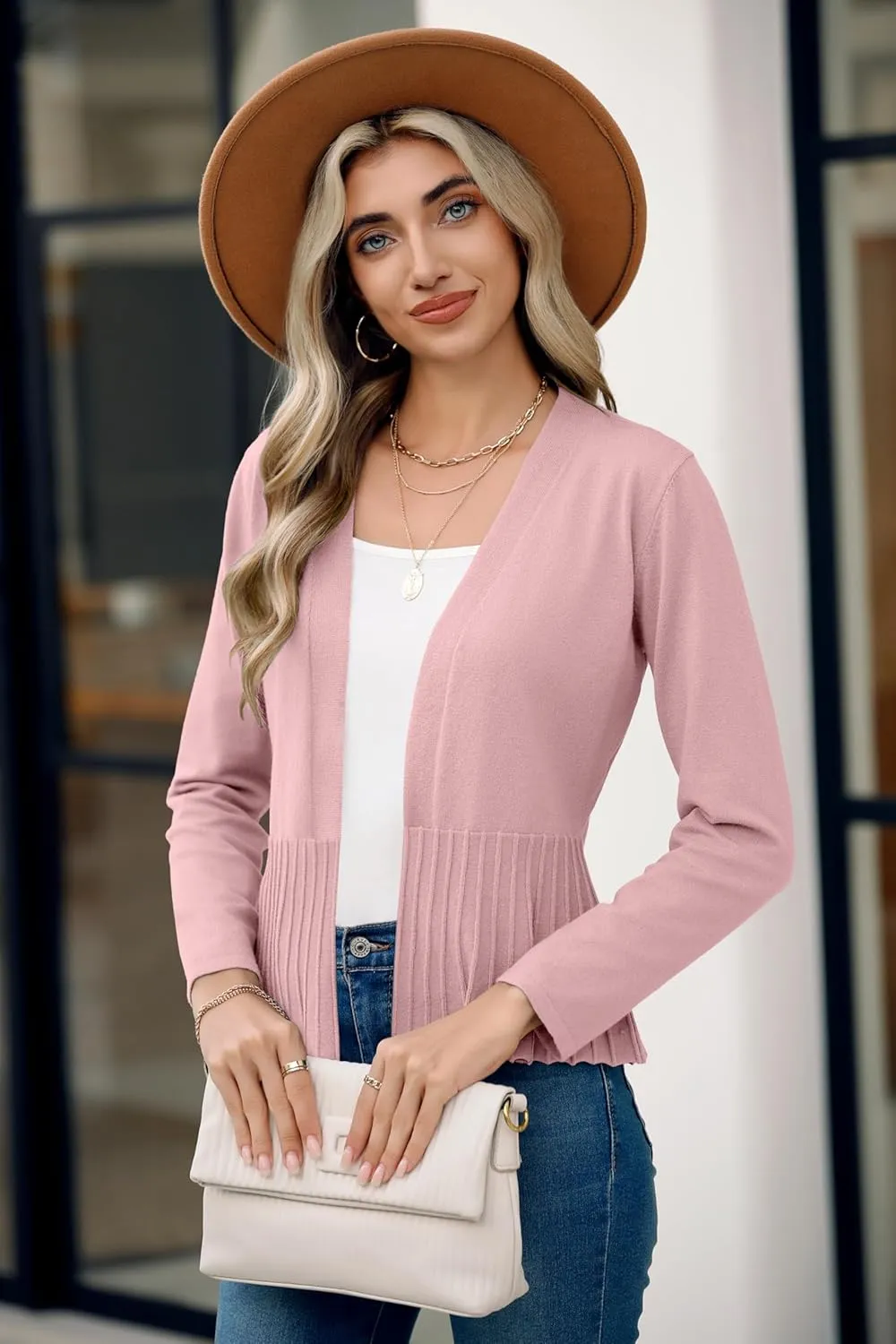 Women's Casual Open Front Lightweight Cropped Cardigans Long Sleeve Sweater Soft Draped Peplum Knit Outwear