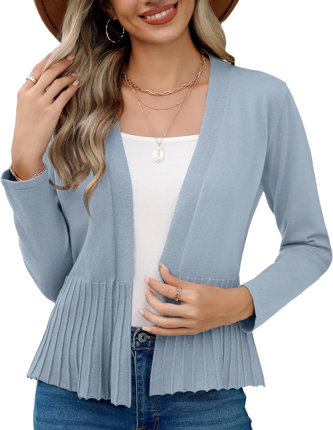 Women's Casual Open Front Lightweight Cropped Cardigans Long Sleeve Sweater Soft Draped Peplum Knit Outwear