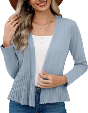 Women's Casual Open Front Lightweight Cropped Cardigans Long Sleeve Sweater Soft Draped Peplum Knit Outwear