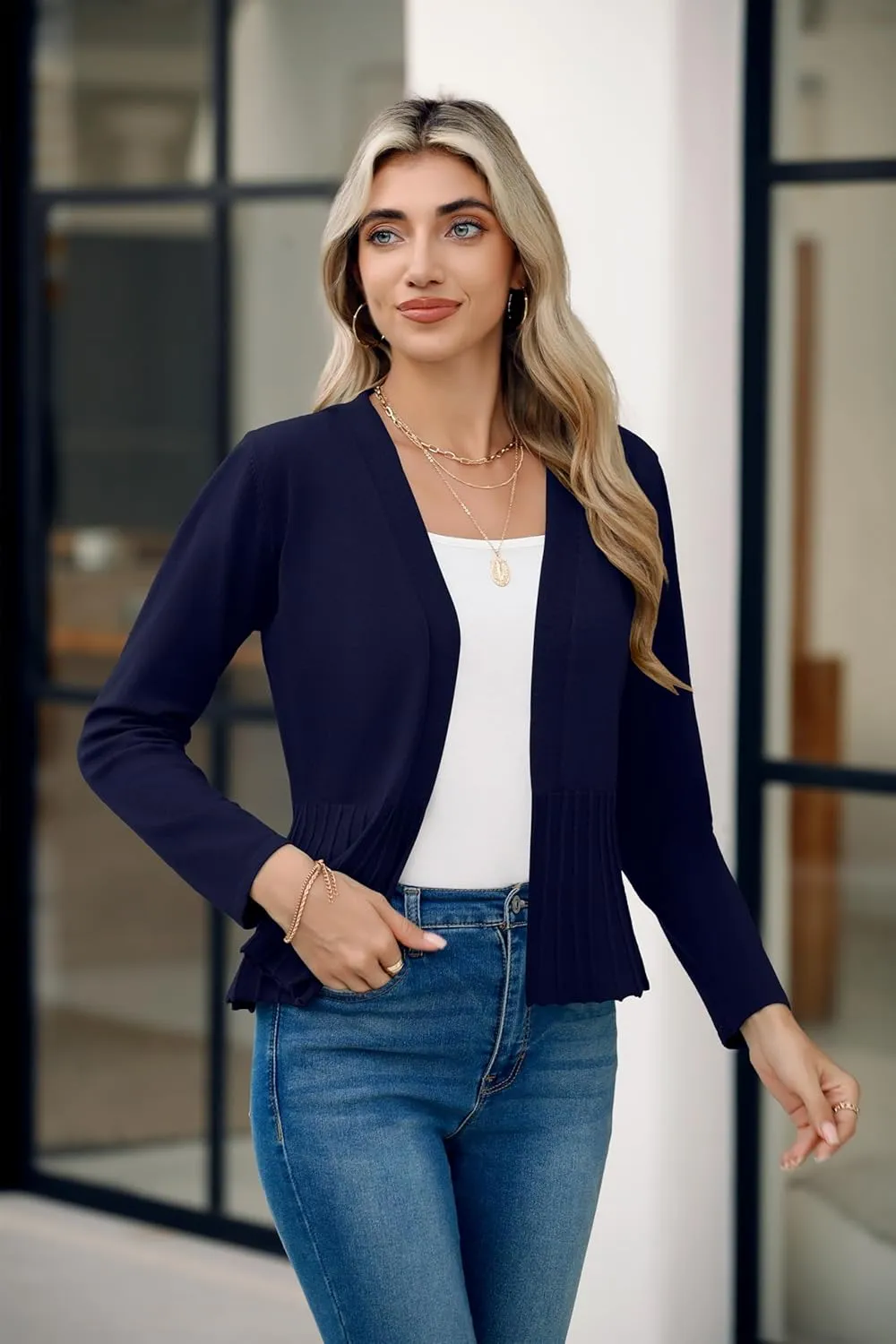 Women's Casual Open Front Lightweight Cropped Cardigans Long Sleeve Sweater Soft Draped Peplum Knit Outwear