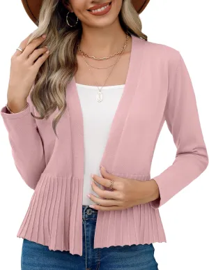 Women's Casual Open Front Lightweight Cropped Cardigans Long Sleeve Sweater Soft Draped Peplum Knit Outwear