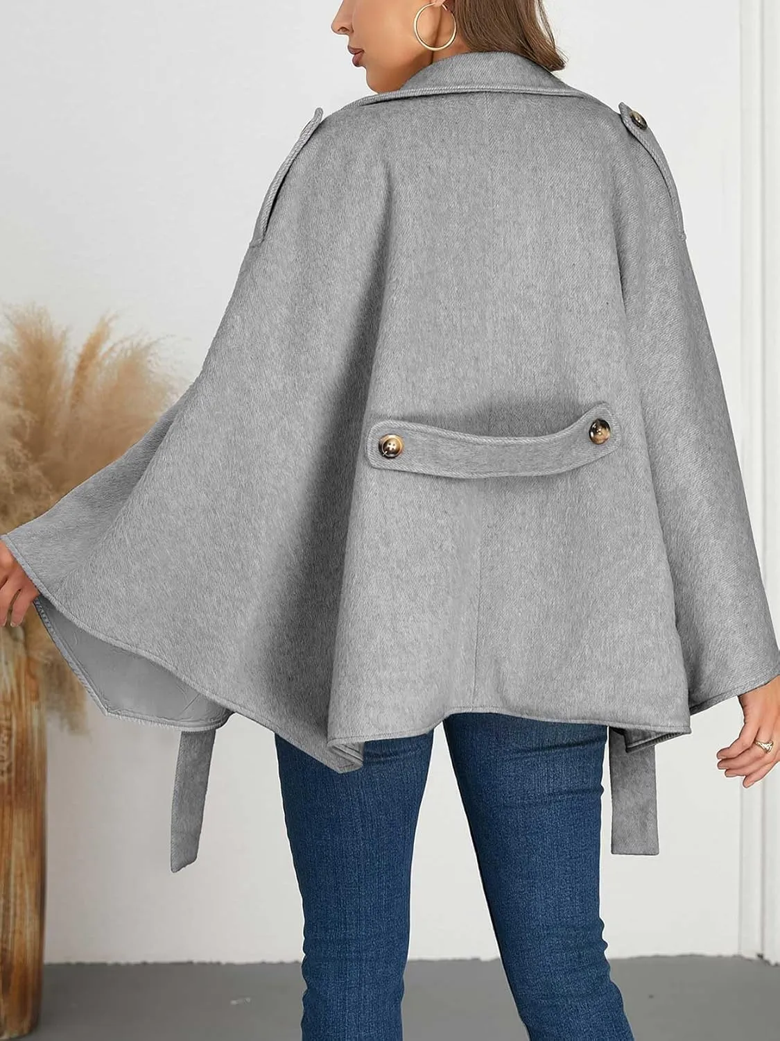 Women's Chic Loose Double Breasted Wool Poncho Cape Cloak Cardigans Pea Coat with Belt