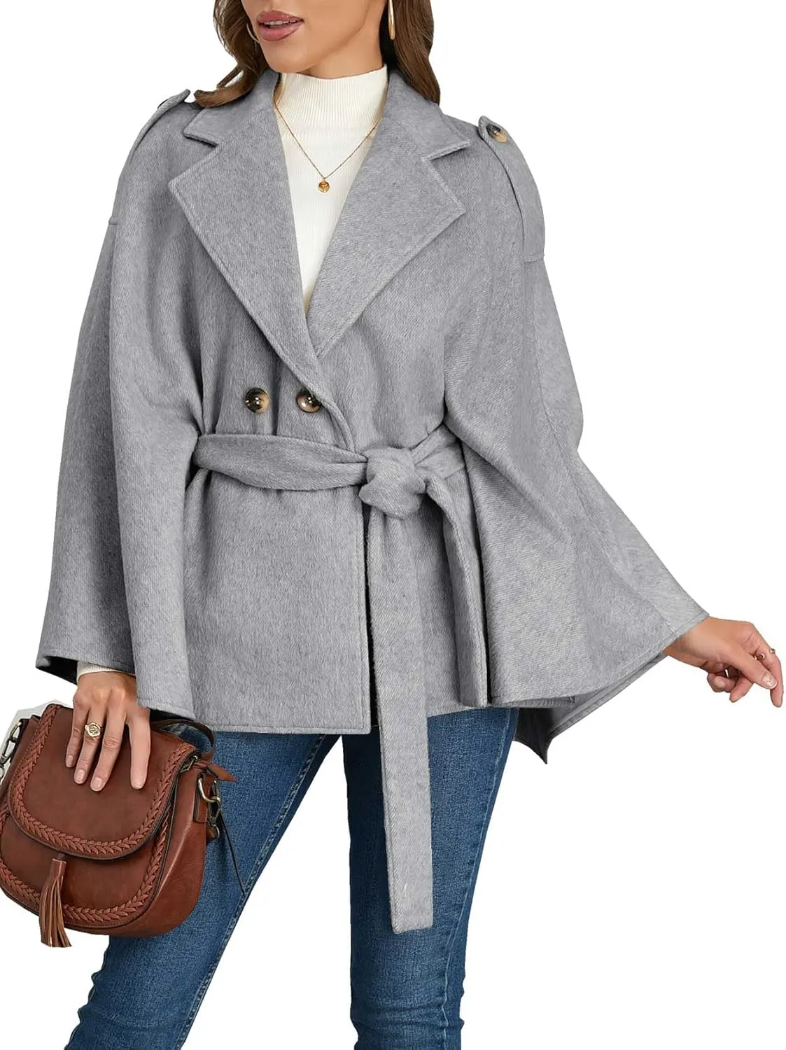 Women's Chic Loose Double Breasted Wool Poncho Cape Cloak Cardigans Pea Coat with Belt