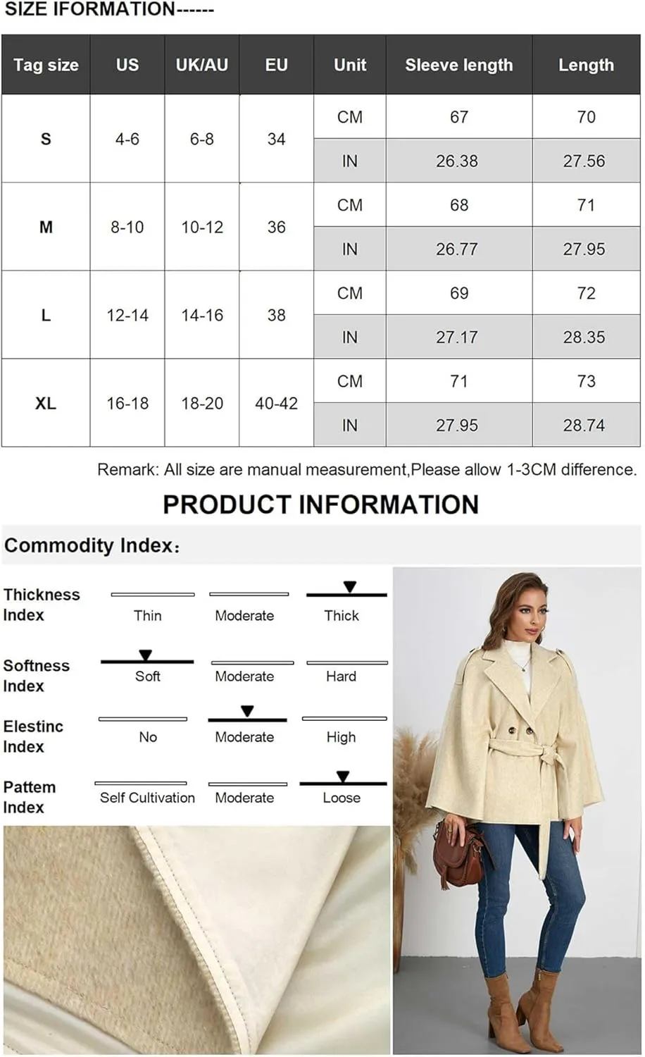 Women's Chic Loose Double Breasted Wool Poncho Cape Cloak Cardigans Pea Coat with Belt