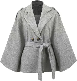 Women's Chic Loose Double Breasted Wool Poncho Cape Cloak Cardigans Pea Coat with Belt
