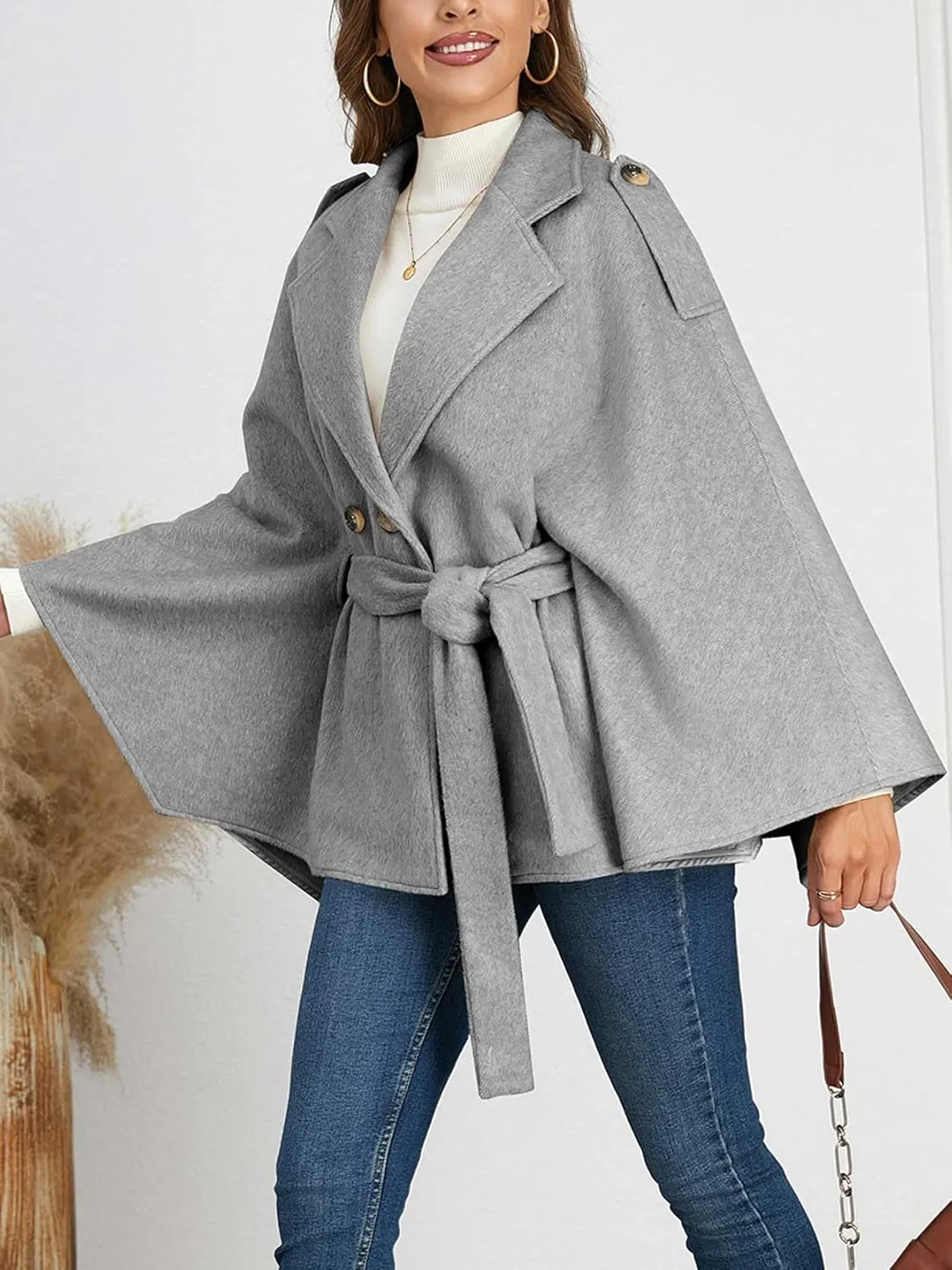 Women's Chic Loose Double Breasted Wool Poncho Cape Cloak Cardigans Pea Coat with Belt