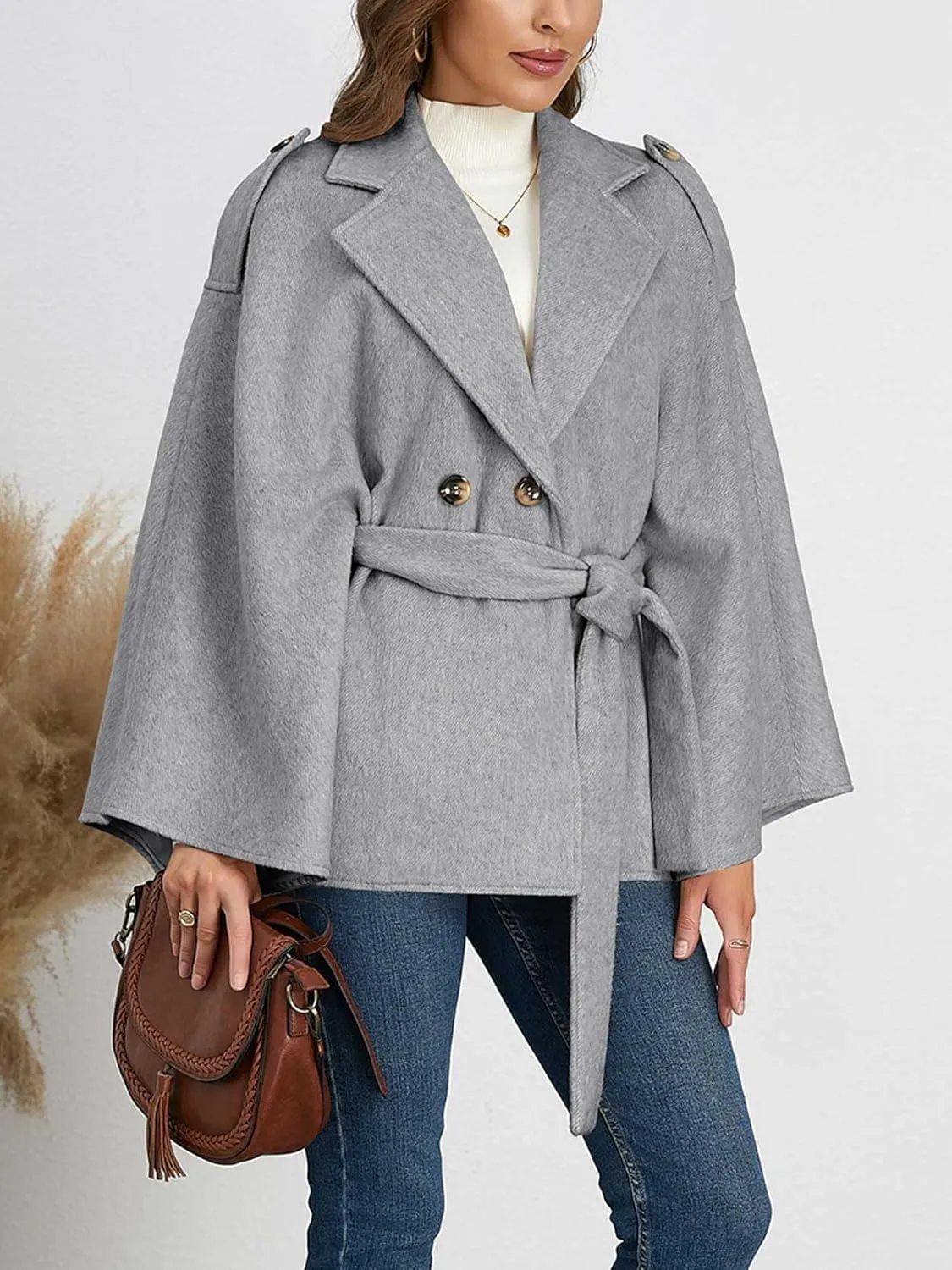 Women's Chic Loose Double Breasted Wool Poncho Cape Cloak Cardigans Pea Coat with Belt