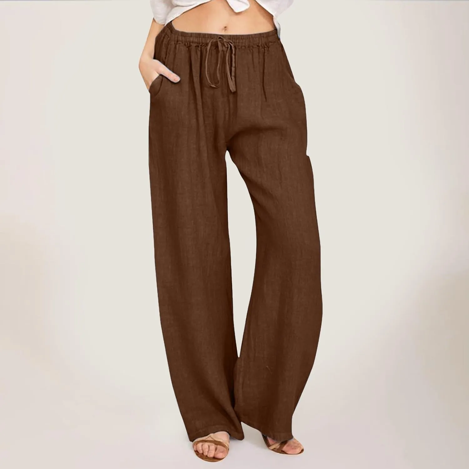 Womens Cotton Linen Summer Lightweigt Pants Elastic Waisted Stretchy Slim-Fit Pant Trousers Trendy