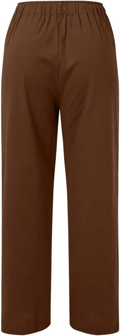 Womens Cotton Linen Summer Lightweigt Pants Elastic Waisted Stretchy Slim-Fit Pant Trousers Trendy