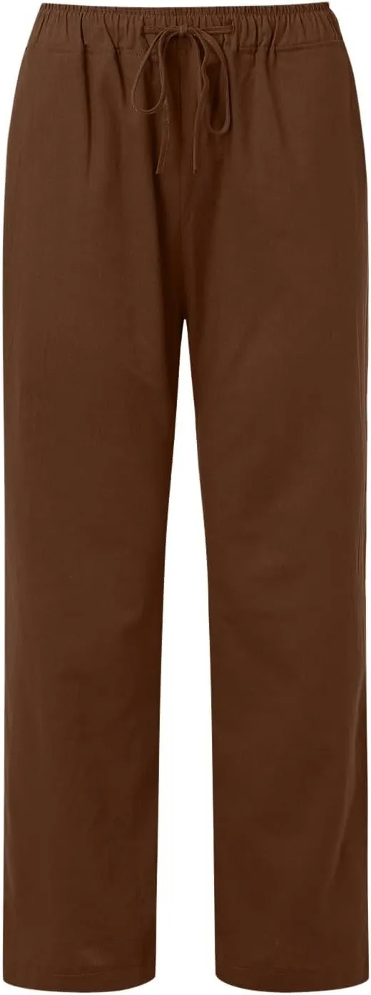 Womens Cotton Linen Summer Lightweigt Pants Elastic Waisted Stretchy Slim-Fit Pant Trousers Trendy