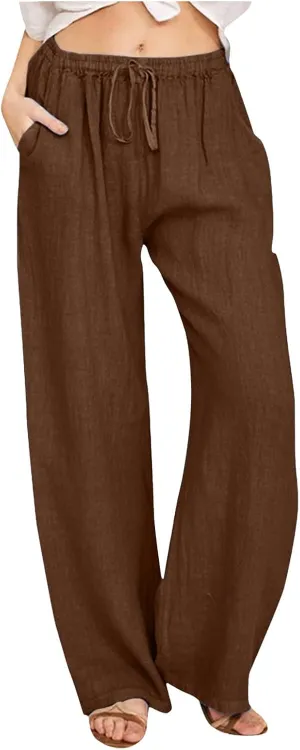 Womens Cotton Linen Summer Lightweigt Pants Elastic Waisted Stretchy Slim-Fit Pant Trousers Trendy