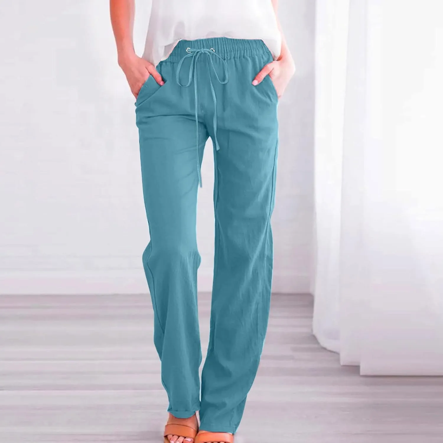 Women's Cotton Linen Summer Striped Palazzo Pants Elastic Waist Stretchy Slim Fit Trousers Office