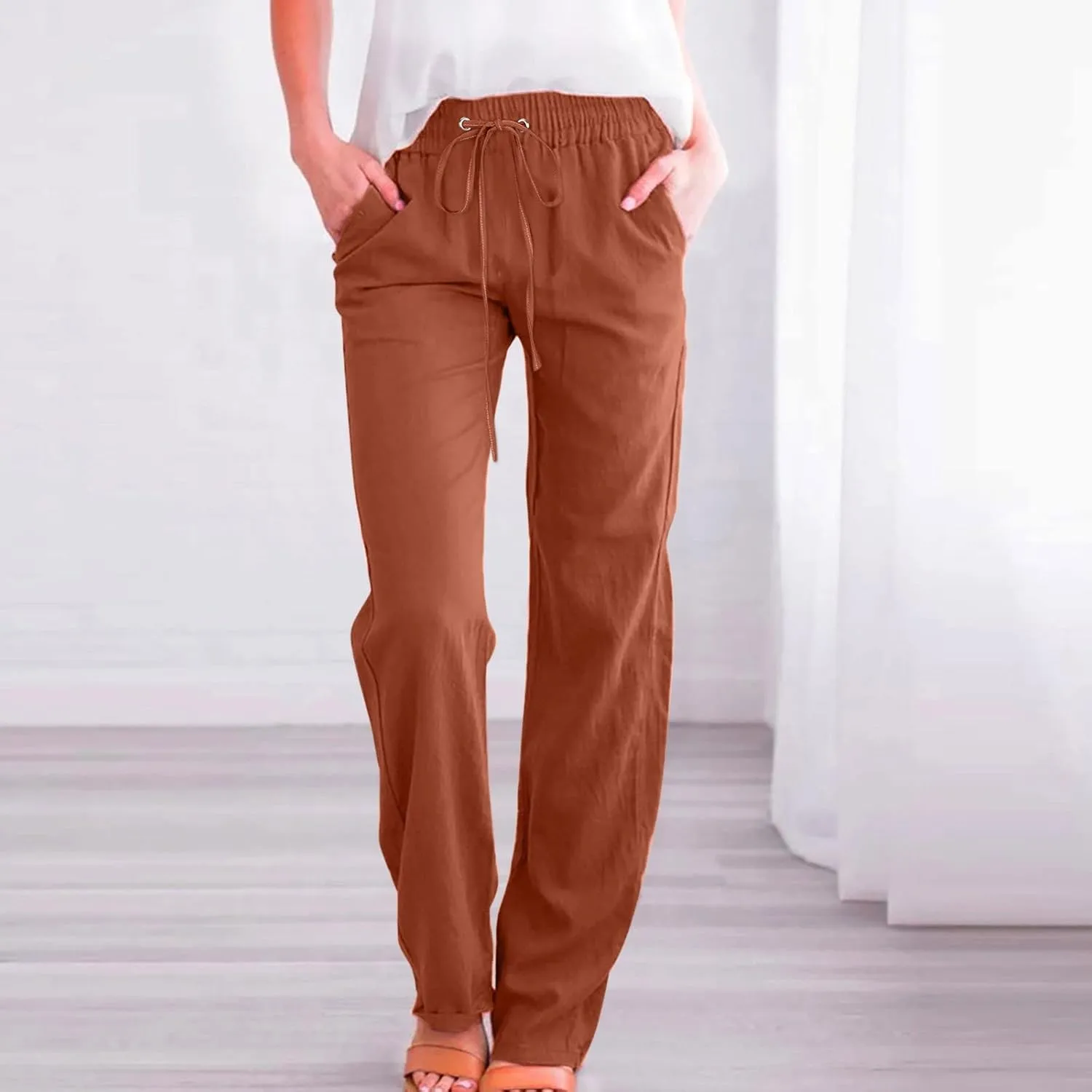 Women's Cotton Linen Summer Striped Palazzo Pants Elastic Waist Stretchy Slim Fit Trousers Office