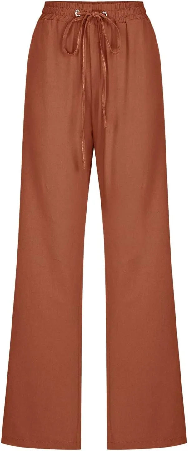Women's Cotton Linen Summer Striped Palazzo Pants Elastic Waist Stretchy Slim Fit Trousers Office