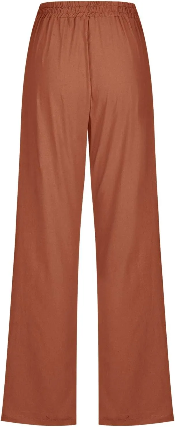 Women's Cotton Linen Summer Striped Palazzo Pants Elastic Waist Stretchy Slim Fit Trousers Office