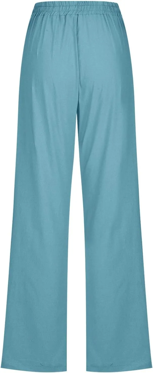 Women's Cotton Linen Summer Striped Palazzo Pants Elastic Waist Stretchy Slim Fit Trousers Office