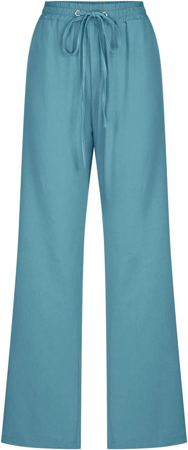 Women's Cotton Linen Summer Striped Palazzo Pants Elastic Waist Stretchy Slim Fit Trousers Office