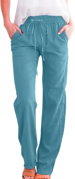 Women's Cotton Linen Summer Striped Palazzo Pants Elastic Waist Stretchy Slim Fit Trousers Office