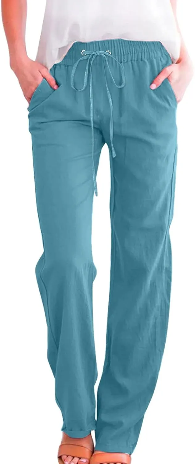 Women's Cotton Linen Summer Striped Palazzo Pants Elastic Waist Stretchy Slim Fit Trousers Office