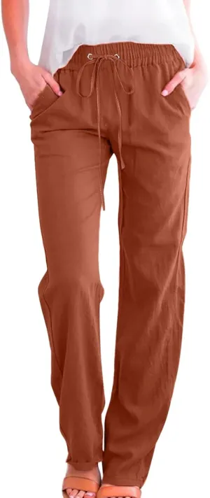 Women's Cotton Linen Summer Striped Palazzo Pants Elastic Waist Stretchy Slim Fit Trousers Office