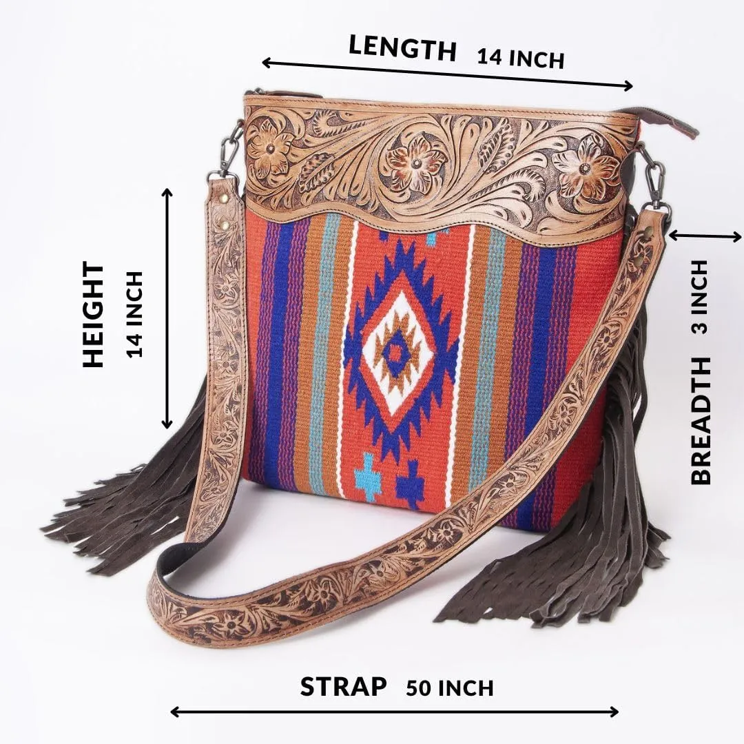 Women??s Cowhide Leather Crossbody Bag ?C Western Style Purse with Tooled Leather Accents and Adjustable Strap