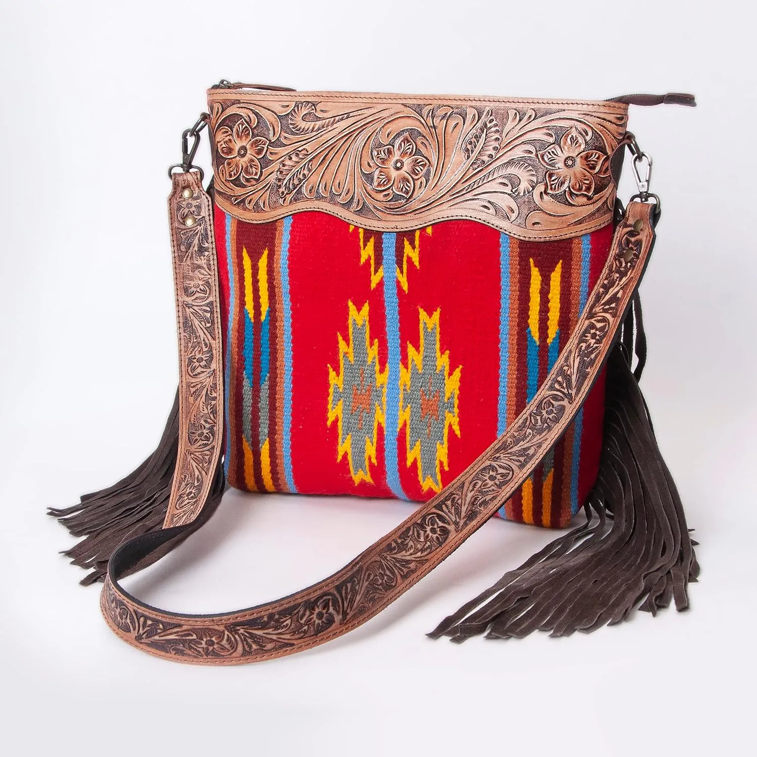 Women??s Cowhide Leather Crossbody Bag ?C Western Style Purse with Tooled Leather Accents and Adjustable Strap