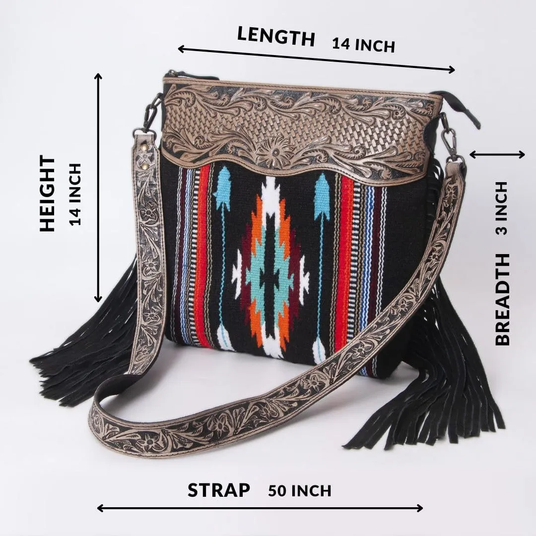 Women??s Cowhide Leather Crossbody Bag ?C Western Style Purse with Tooled Leather Accents and Adjustable Strap