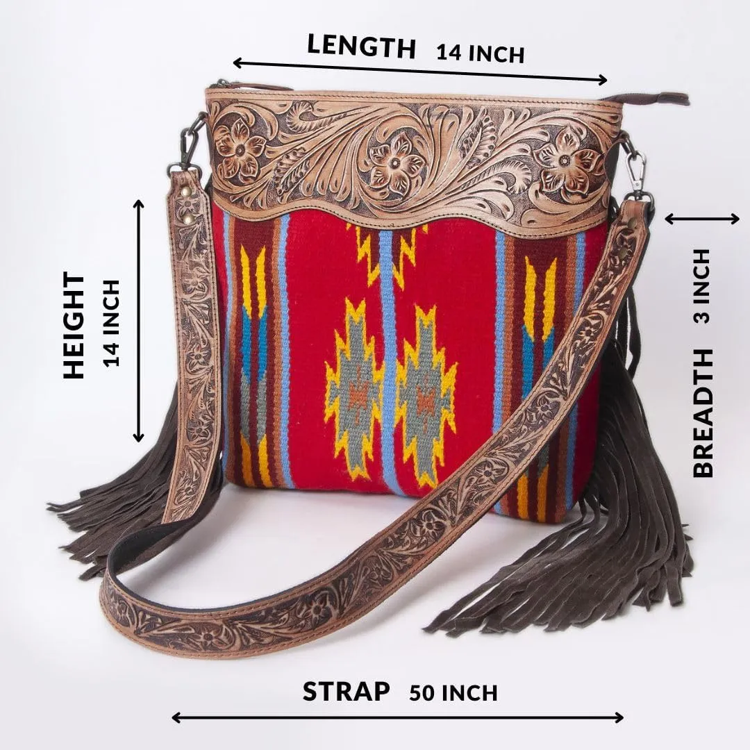 Women??s Cowhide Leather Crossbody Bag ?C Western Style Purse with Tooled Leather Accents and Adjustable Strap